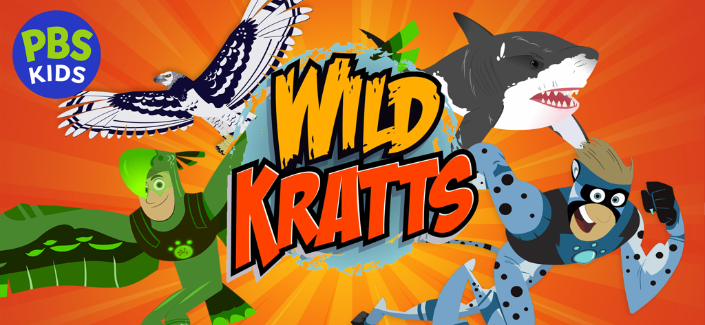 Wild Kratts Rescue Run - Wild Kratts Rescue Run title screen featuring Chris and Martin Kratt in creature power suits with a harpy eagle a great white shark and the PBS Kids logo