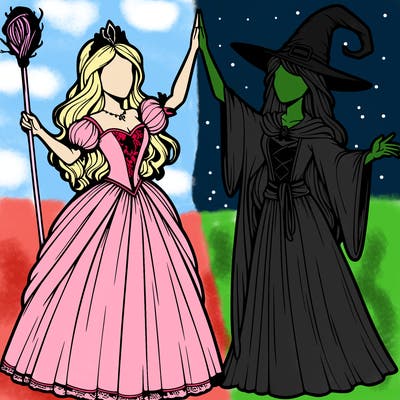 detailed realistic split of a princess and a witch