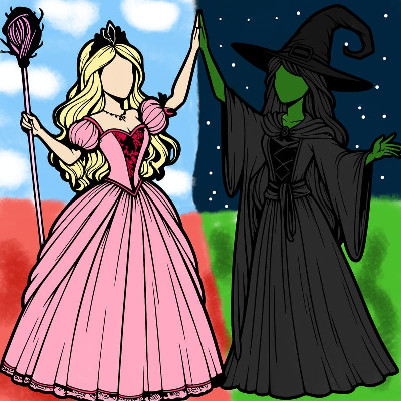 detailed realistic split of a princess and a witch