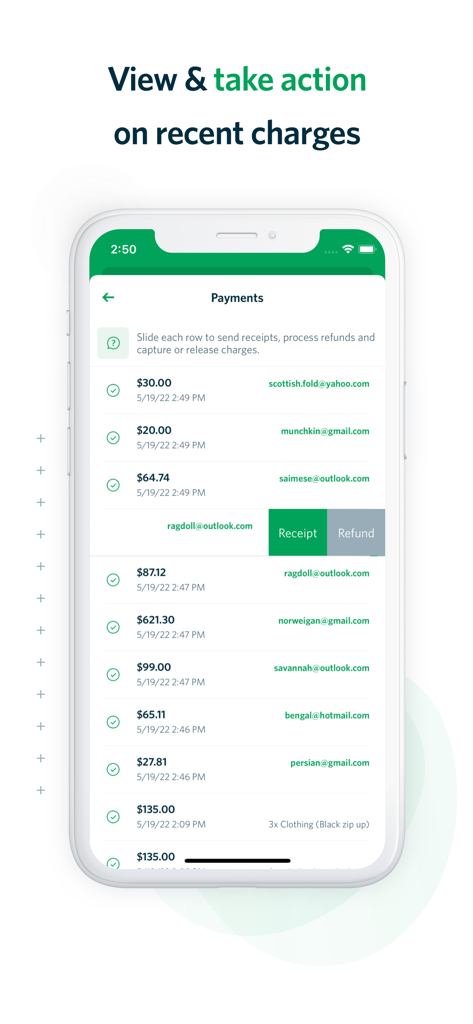 Payment: Stripe Tap to Pay - Mobile app screen showing a list of recent Stripe payments with options to send receipts or issue refunds.