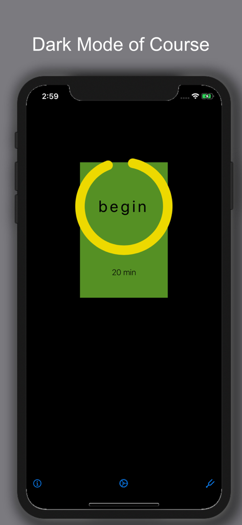 Simple Sinus Zazen Timer - Simple Sinus Zazen Timer app interface in dark mode showing a 20 minute meditation session start screen