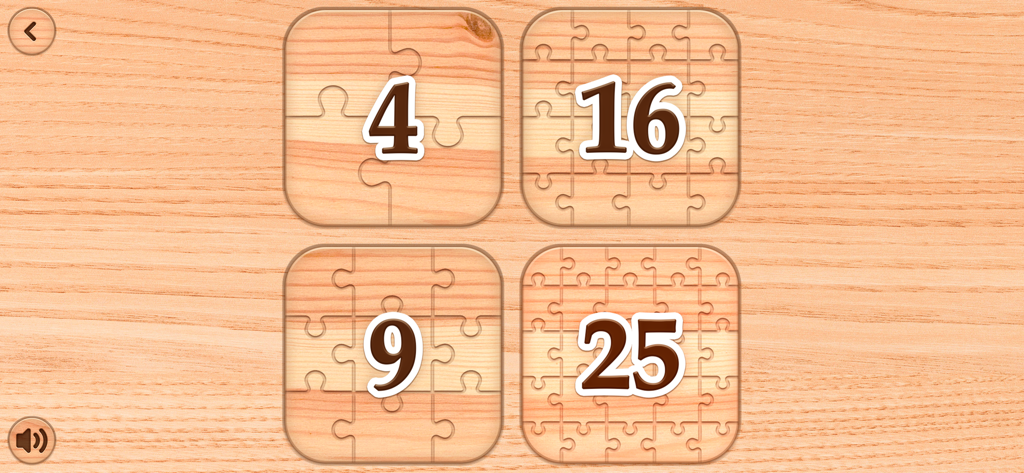 Unicorn Puzzles Game for Girls - Pantalla de selección de nivel de dificultad con cuatro opciones de número de piezas de rompecabezas