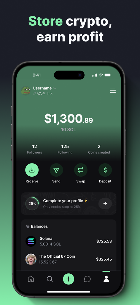 pump.fun: Meme Coins - 1300ドルの仮想通貨ウォレット残高とSolana資産を示すpump.funのモバイルアプリ画面。