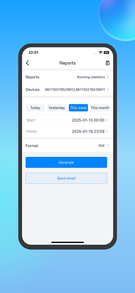 The reports screen of the EYON app showing options to generate and email PDF tracking reports for specific devices