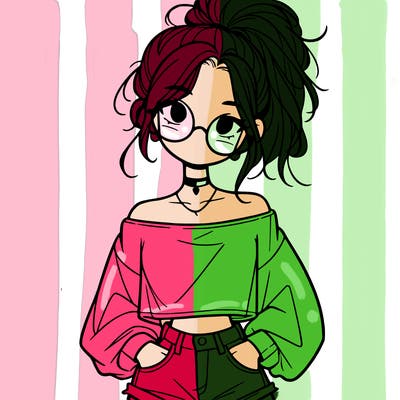 girl with a messy ponytail glasses a baggy crop top and jean shorts