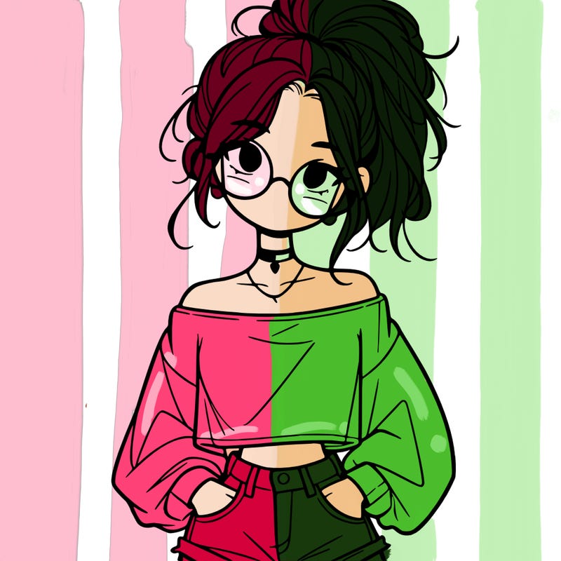 girl with a messy ponytail glasses a baggy crop top and jean shorts