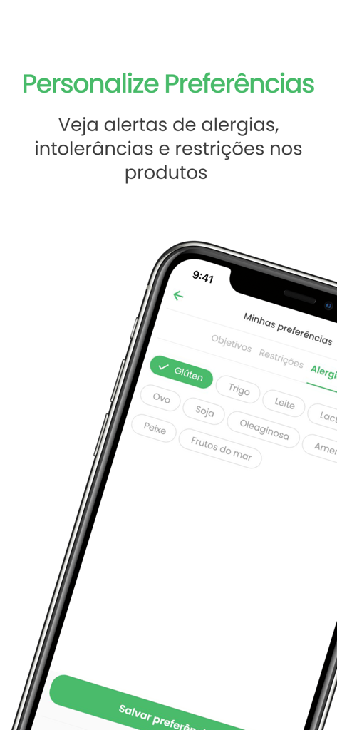 Smartphone screen showing food allergy and dietary restriction settings in the Desrotulando app.