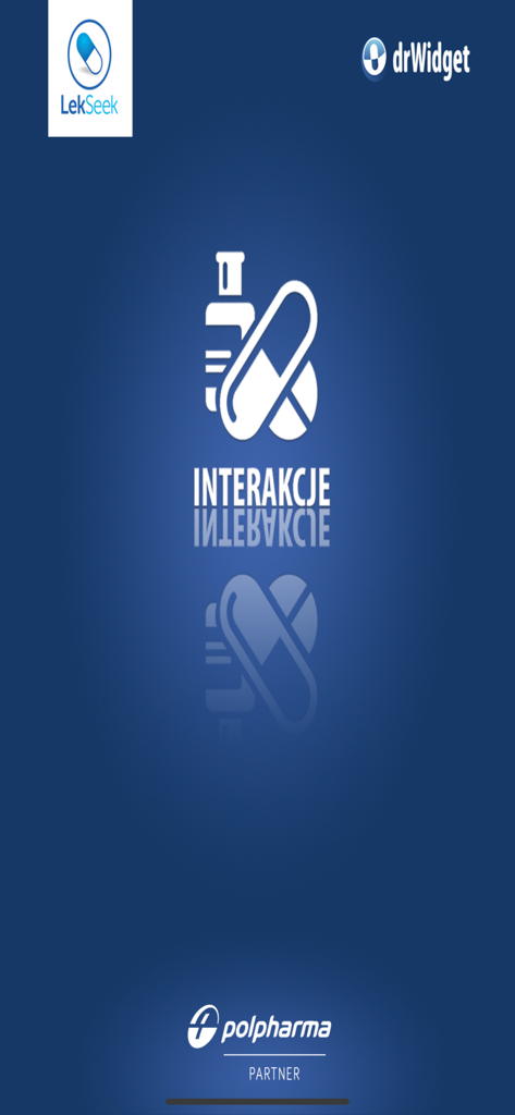 DrWidget Interakcje mobile app splash screen with medicine icons and partner logos