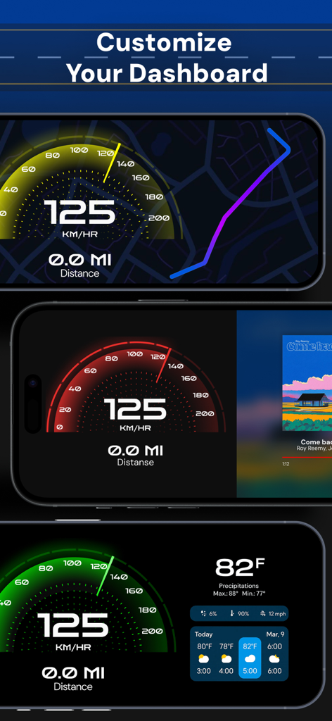 GPS Speedometer HUD Tracker - A display of three different digital speedometer dashboard styles with various widgets like maps and weather