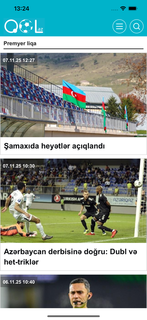 QOL.az - idman xəbərləri - Screenshot of the QOL.az sports news mobile app displaying Azerbaijani football news