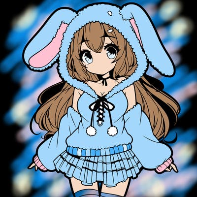 pretty anime girl wearing a fluffy hoodie with bunny ears on the hood and a skirt