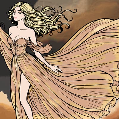 realistic woman in dress flowing the the wind