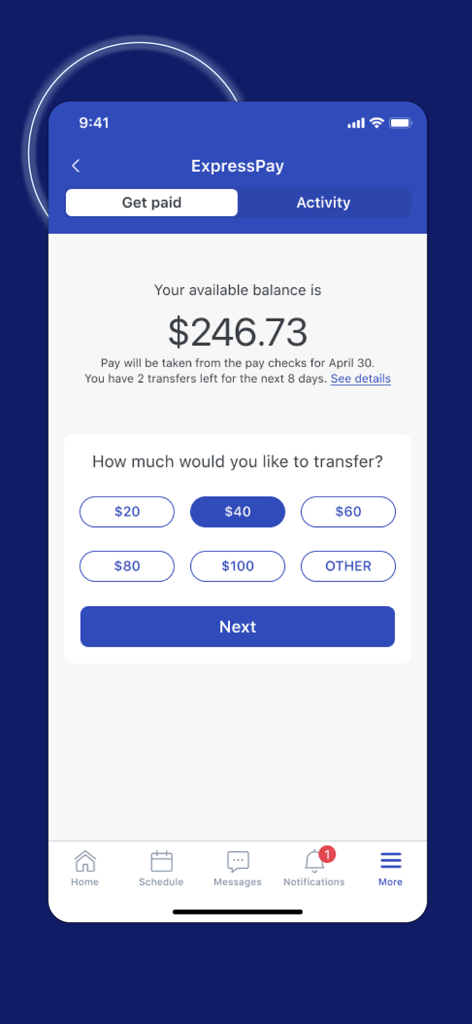 WorkJam mobile app ExpressPay screen displaying an available balance and options to transfer funds