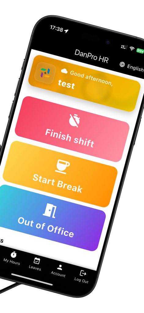 DanPro HR mobile app interface showing shift and break management buttons