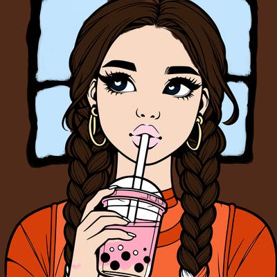 realistic girl with braided hair drinking boba