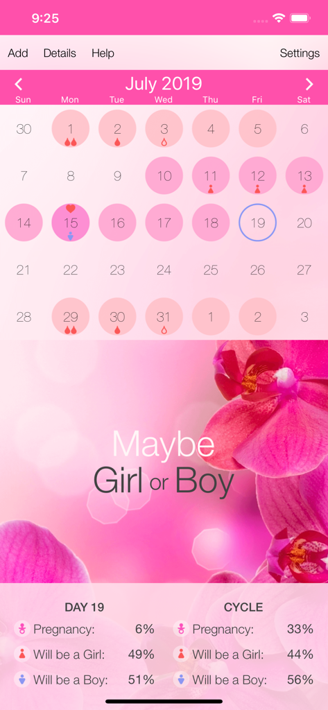 Menstrual Cycle Tracker - Menstrual cycle tracker app interface showing a calendar with period dates and baby gender prediction probabilities.