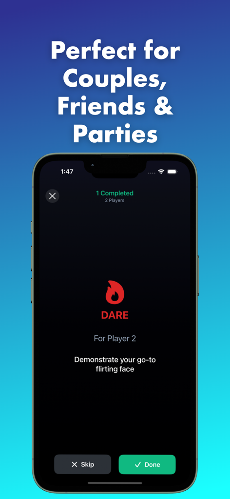 Truth or Dare Adults Only - A smartphone screen from the Truth or Dare Adults Only app showing a dare challenge to demonstrate a flirting face.