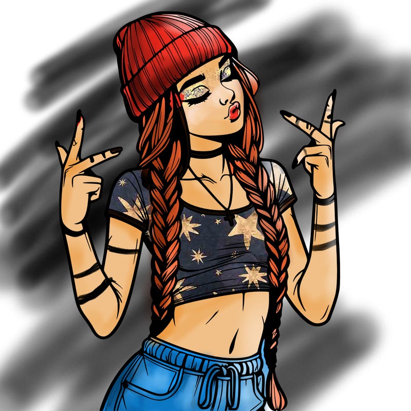 realistic teenage girl with braids and a beanie and crop top doing 🫶🏼