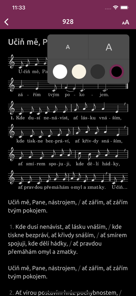 Czech Catholic hymnal app interface with sheet music and text settings