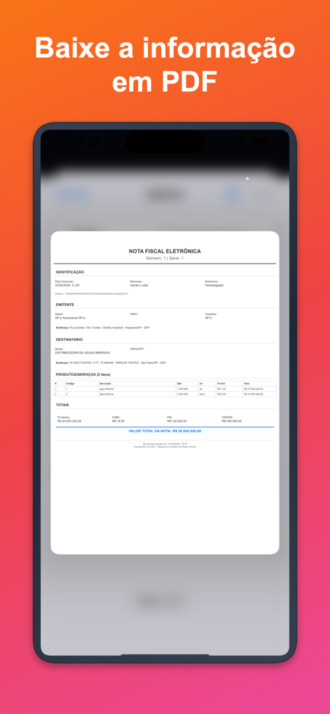 NFe Visualizador de XML - Pré-visualização móvel de uma nota fiscal eletrônica brasileira convertida para PDF