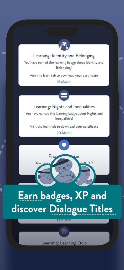 Generation Global - A screenshot of the Generation Global app interface showing earned badges and experience points