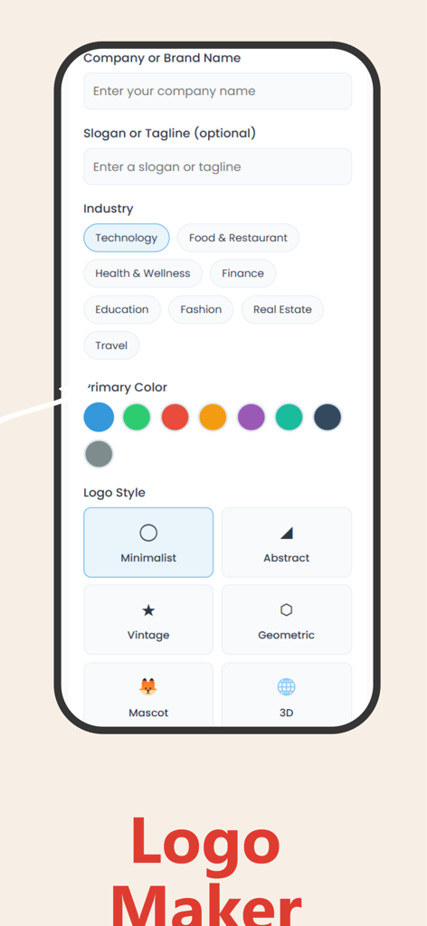 Interface do criador de logos Hedra AI com opções de seleção de nome da marca, indústria e estilo