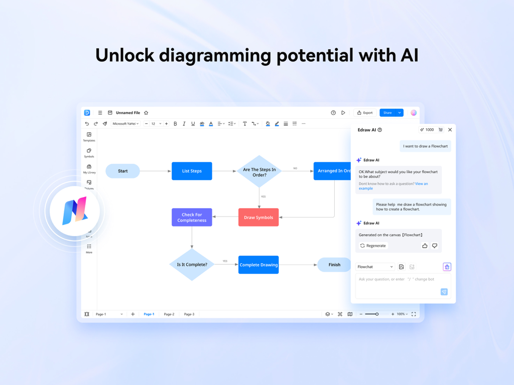 Interfaccia di EdrawMax per iPad che mostra la creazione di diagrammi di flusso assistita dall'IA