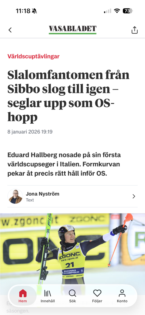 Vasabladet - Vasabladet news app interface displaying a sports article about a slalom skier