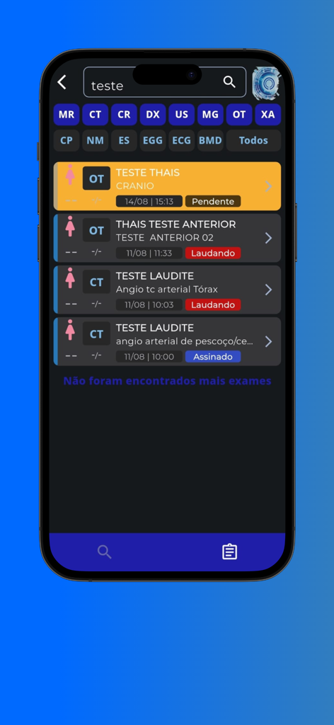 Interface móvel do aplicativo OneLaudos exibindo uma lista de exames de imagem médica e relatórios de diagnóstico.