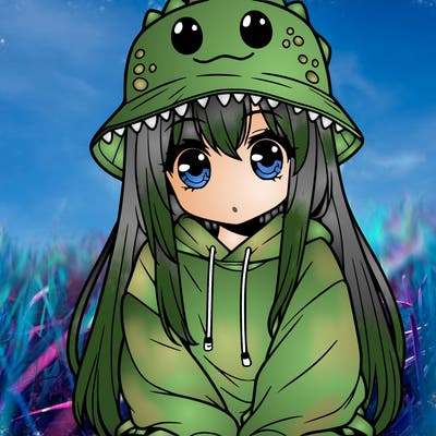 girl with anime shaped eyes with a dinosaur bucket hat oversized sweatshirt long straight hair