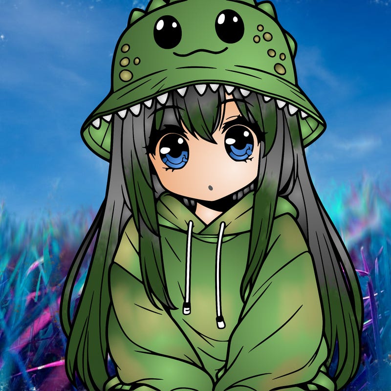 girl with anime shaped eyes with a dinosaur bucket hat oversized sweatshirt long straight hair
