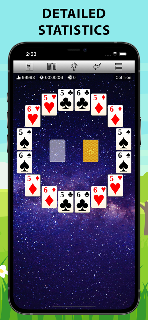 700 Solitaire Games Collection - Gameplay screen showing a solitaire variation with cards arranged in a circle over a galaxy themed background