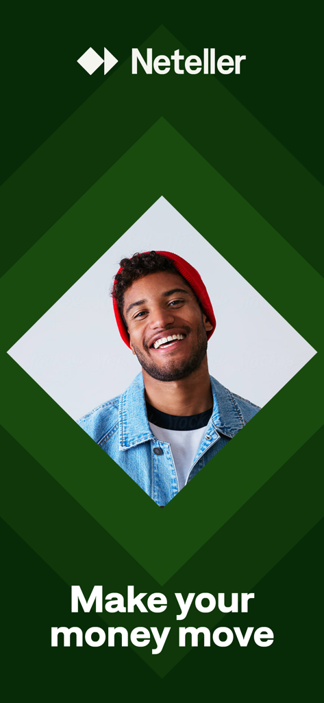 Neteller - Money Transfer - 笑顔の男性と「Make your money move」というスローガンが表示されたNetellerアプリの画面
