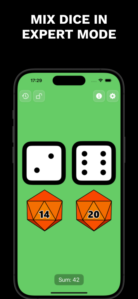 App Just Dice mostrando diferentes tipos de dados mezclados en modo experto con visualización de suma