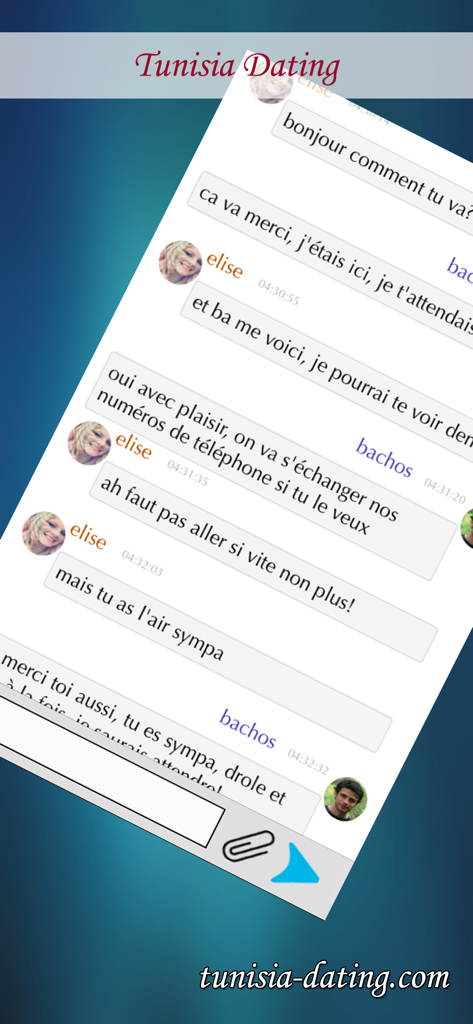 Tunisia Dating - Chat - Screenshot of the Tunisia Dating app chat interface showing a conversation in French between two users