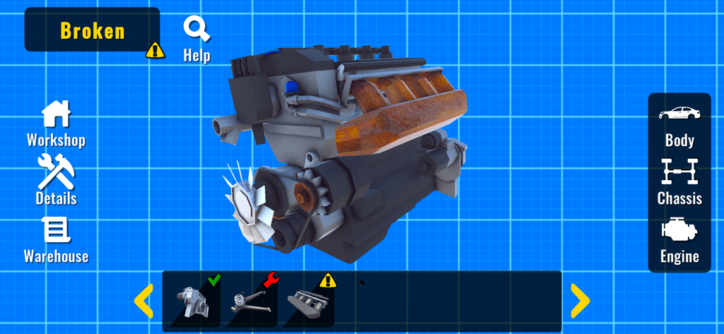 Garage Syndicate: Car Fix Sim - A 3D model of a car engine undergoing repairs in the Garage Syndicate workshop interface.