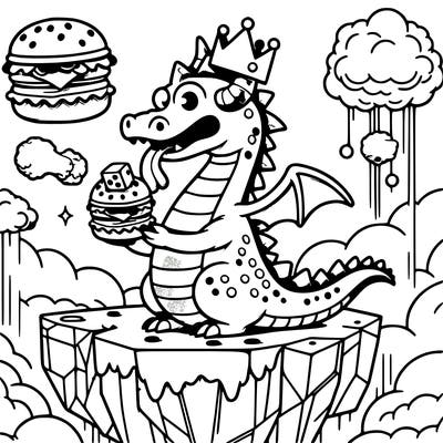 a dragon riding a dice in the floating islands eating chicken burgers wearing a crown