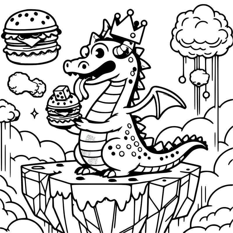 a dragon riding a dice in the floating islands eating chicken burgers wearing a crown