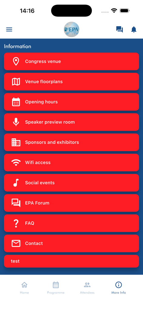 EPA Congress 2026 - Der Informationsbildschirm der EPA Kongress 2026 Mobile App mit einer Liste von Links für Veranstaltungsort-Grundrisse, Informationen zu Referenten und Veranstaltungslogistik.
