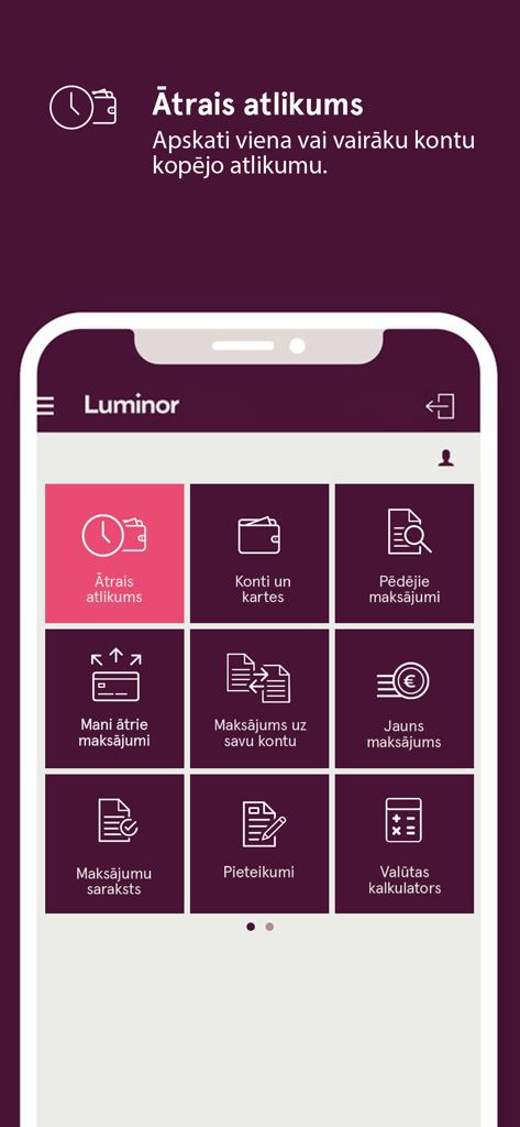 Dashboard dell'app di mobile banking Luminor Latvija con una griglia di icone di servizi finanziari, inclusi saldo rapido e calcolatore di valuta