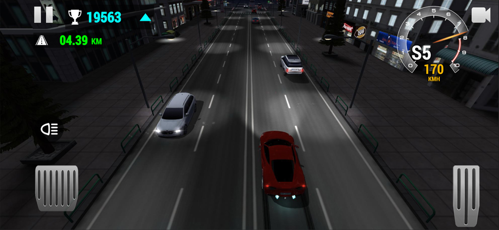 Top-down view of a red sports car racing through city traffic at night in Racing Limits