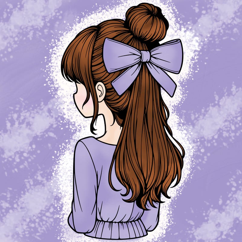 realistic girl  with hip length hair a bun and a big bow on the back of head