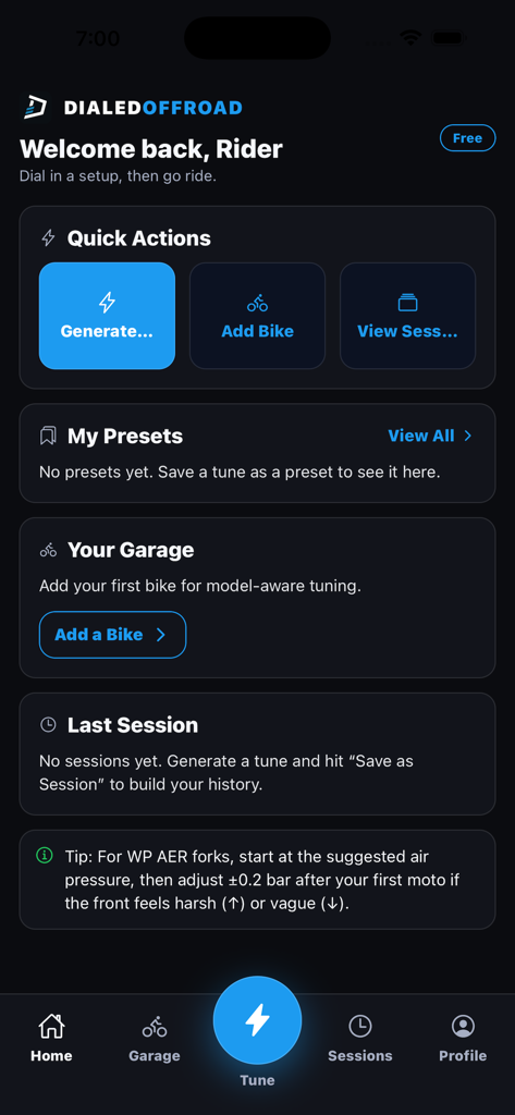 Dialed Offroad - The home screen of the Dialed Offroad app showing the user dashboard with quick actions for dirt bike suspension tuning