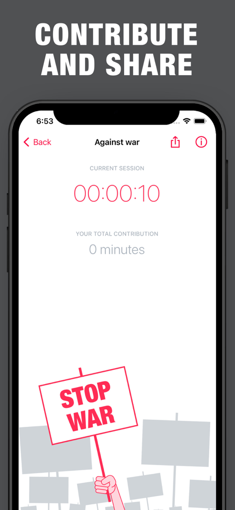 iProtest! - iProtest app interface displaying a session timer for an against war protest cause