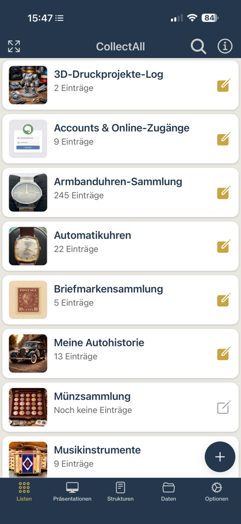 CollectAll Collections - Uma lista de coleções de hobbies organizadas incluindo relógios, selos e moedas no painel do aplicativo CollectAll.