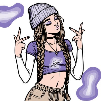 realistic teenage girl with braids and a beanie and crop top doing 🫶🏼