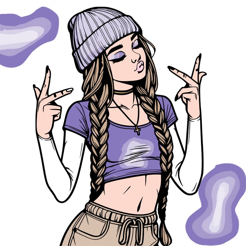 realistic teenage girl with braids and a beanie and crop top doing 🫶🏼