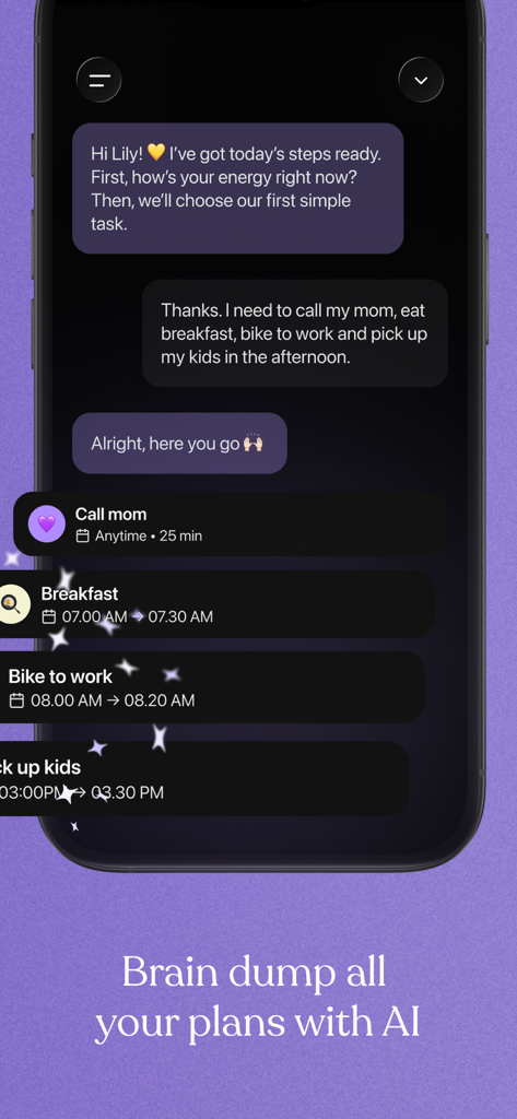 Tiimo: AI Planner & To-do - Interfaccia dell'app mobile Tiimo che mostra la funzione di brain dump AI che converte testo in linguaggio naturale in un elenco strutturato di attività e routine