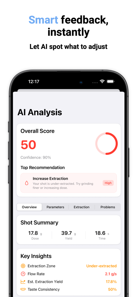 Dial In Coffee - Dial In Coffee app AI analysis screen showing espresso shot metrics and extraction feedback