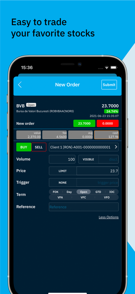 Interface mobile de l'application BVB Trading montrant un écran de passage d'un nouvel ordre pour la Bourse de Bucarest.